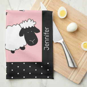 Pink Cute Sheep Illustration Monogrammed Tea Towel
