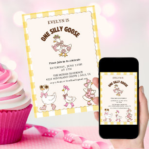 pink cute Silly Goose ,One Silly Goose 1st Party  Invitation