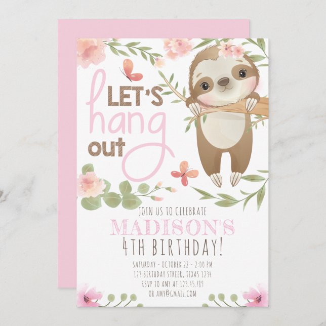 Pink Cute Sloth Girl Birthday Invitation (Front/Back)