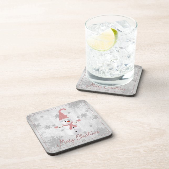 Pink Cute Snowman Beverage Coaster (Right Side)