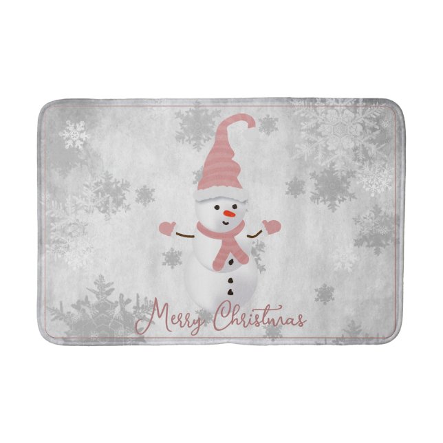 Pink Cute Snowman Holiday Bath Mat (Front)