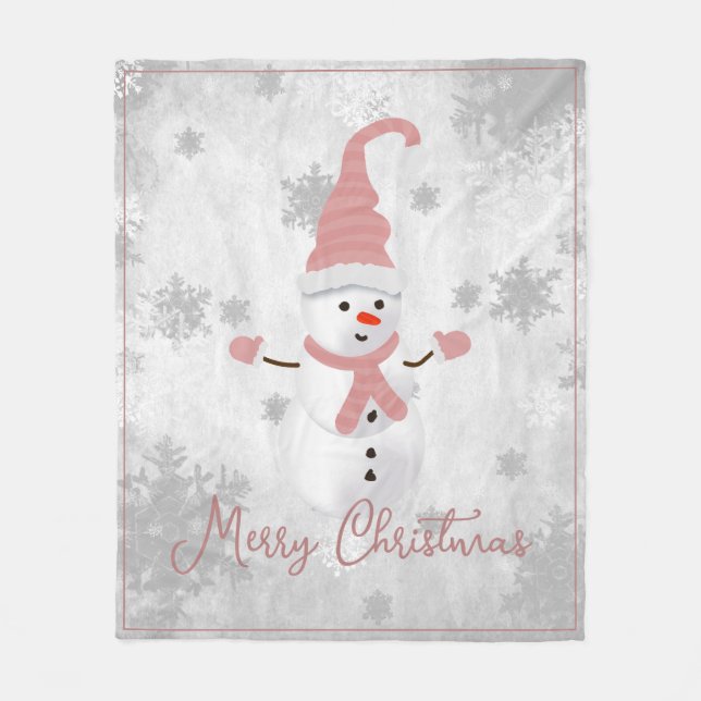 Pink Cute Snowman Holiday Fleece Blanket (Front)