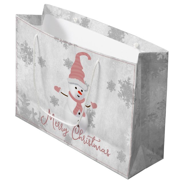 Pink Cute Snowman Holiday Gift Bag (Front Angled)