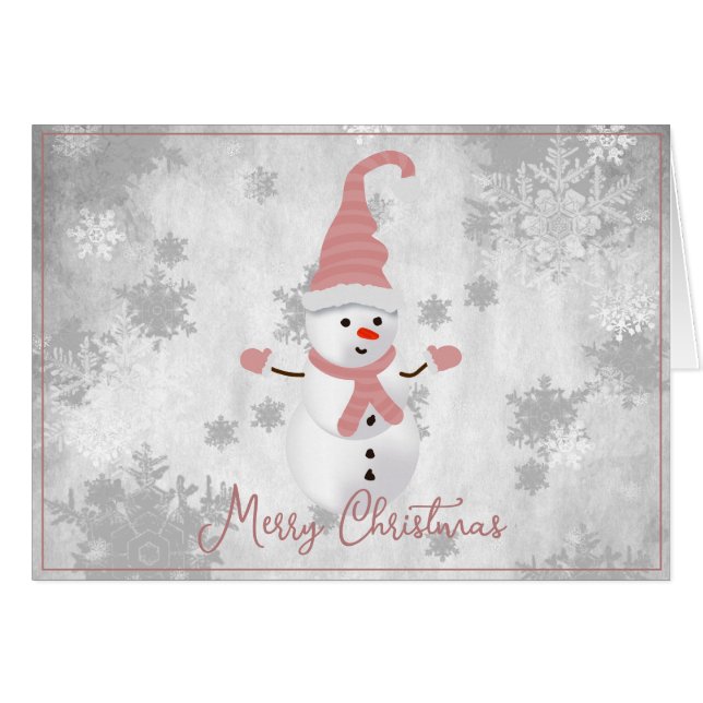 Pink Cute Snowman Holiday Greeting Card (Front Horizontal)