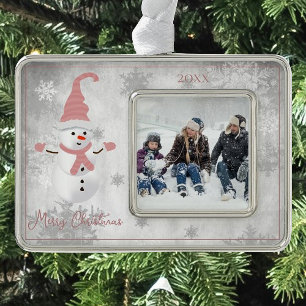 Pink Cute Snowman Holiday Photo Silver Plated Framed Ornament