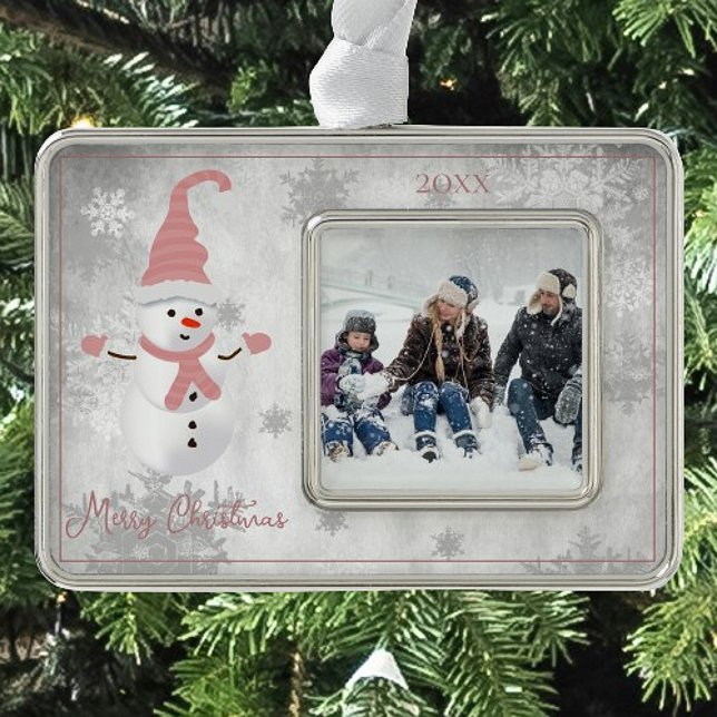 Pink Cute Snowman Holiday Photo Silver Plated Framed Ornament (Pink Cute Snowman Holiday Ornament)