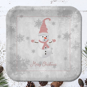Pink Cute Snowman Paper Plate