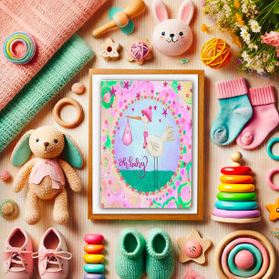 Pink Cute Stork Whimsical Oh Baby Girl Card