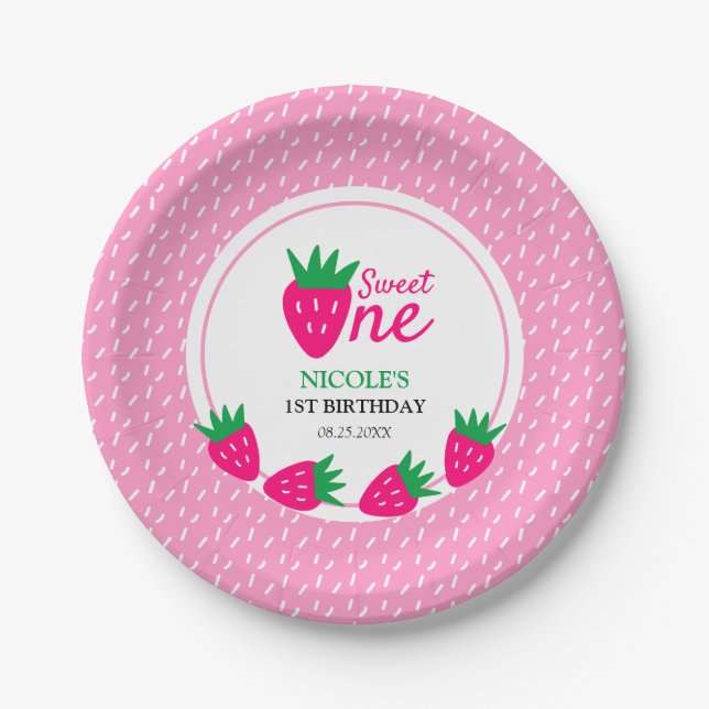 Pink Cute Strawberry Girl 1st Birthday Paper Plate (Front)