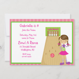 Pink, Cute,Striped Girl Bowling Party Invitation