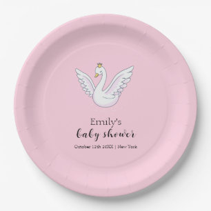 Pink Cute Sweet Princess Swan Baby Shower Welcome  Paper Plate