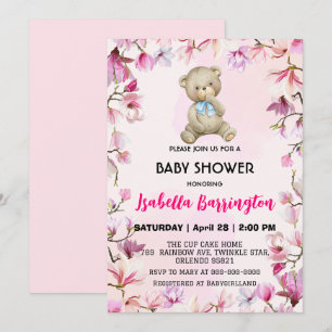Pink Cute teddy bear boy flowers baby shower kids Invitation