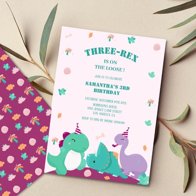 Pink Cute three-rex 3rd dinosaur birthday  Invitation (Creator Uploaded)