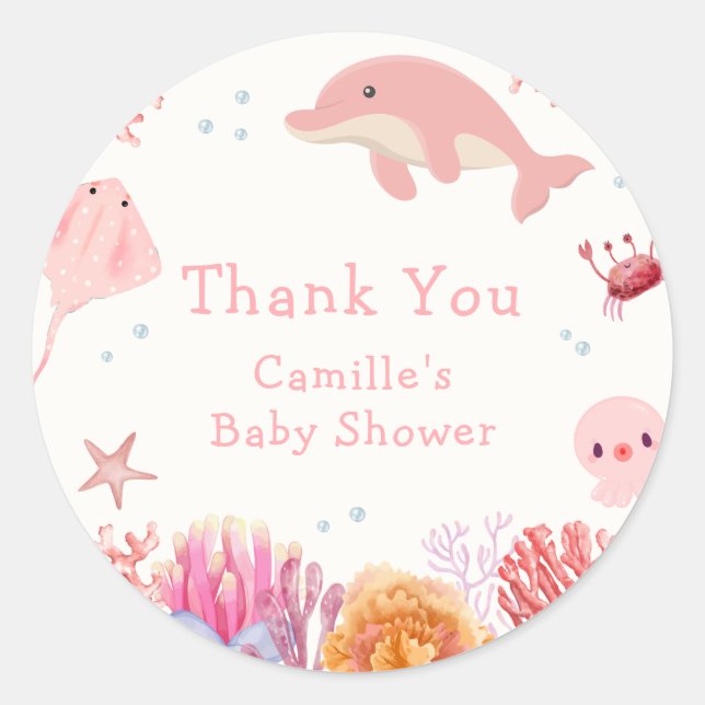 Pink Cute Under The Sea Dolphin Girl Baby Shower  Classic Round Sticker (Front)