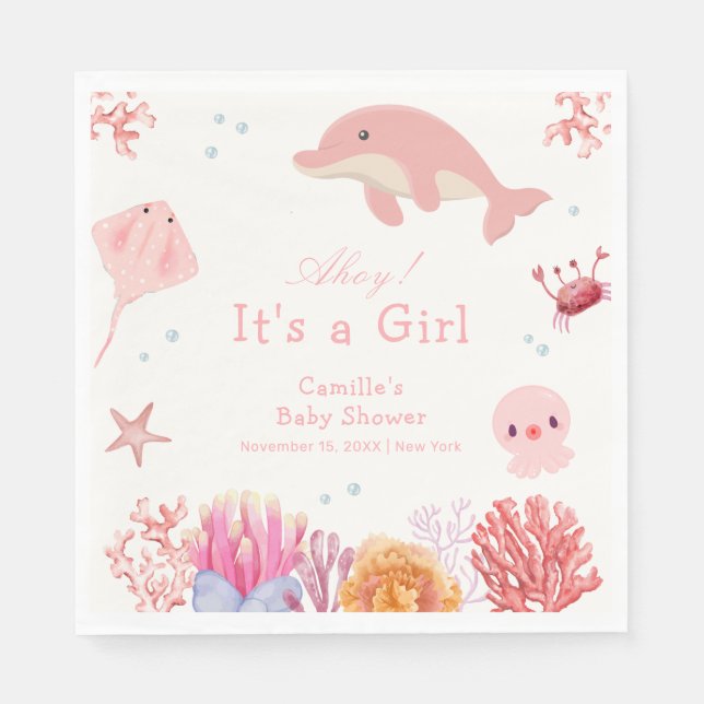 Pink Cute Under The Sea Dolphin Girl Baby Shower  Napkin (Front)