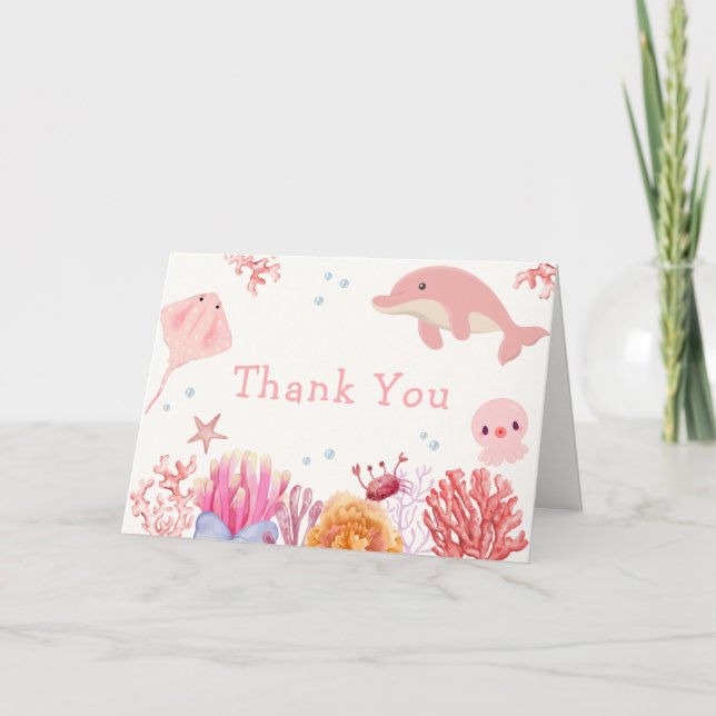 Pink Cute Under The Sea Dolphin Girl Baby Shower  Thank You Card (Front)