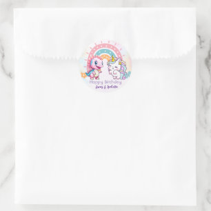 Pink Cute Unicorn dinosaurs rainbow Birthday party Classic Round Sticker