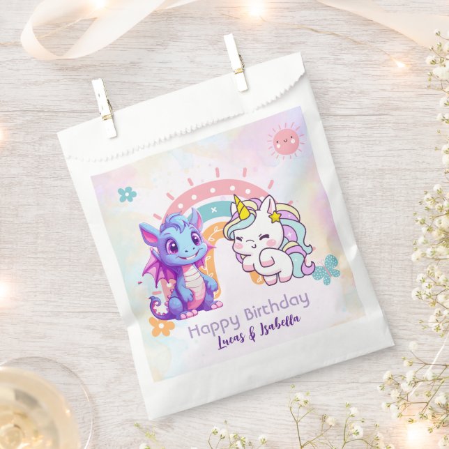 Pink Cute Unicorn dinosaurs rainbow Birthday party Favour Bags (Clipped)