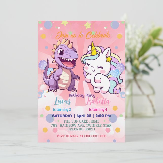Pink Cute Unicorn dinosaurs rainbow Birthday party Invitation (Standing Front)