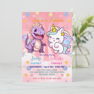Pink Cute Unicorn dinosaurs rainbow Birthday party Invitation