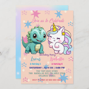 Pink Cute Unicorn dinosaurs rainbow Birthday party Invitation