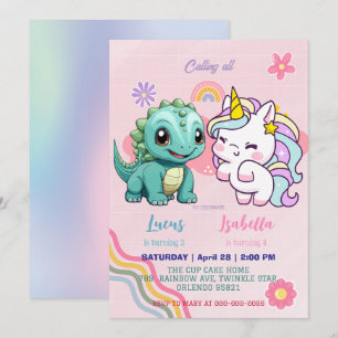 Pink Cute Unicorn dinosaurs rainbow Birthday party Invitation