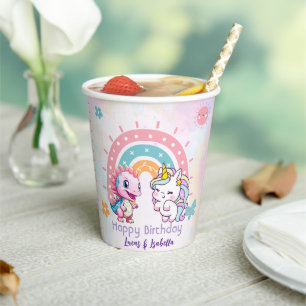 Pink Cute Unicorn dinosaurs rainbow Birthday party Paper Cups