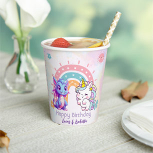 Pink Cute Unicorn dinosaurs rainbow Birthday party Paper Cups