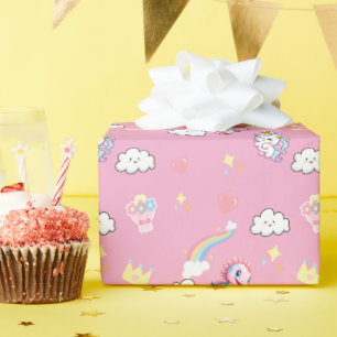 Pink Cute Unicorn dinosaurs rainbow Birthday party Wrapping Paper