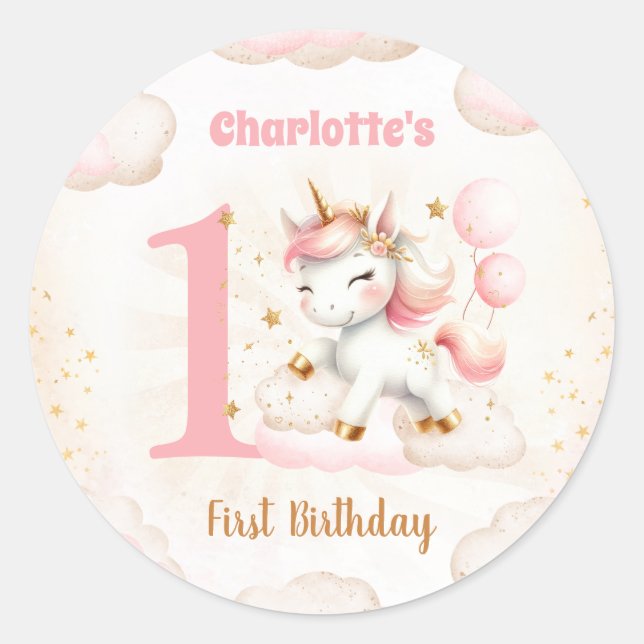 Pink Cute Unicorn Girl 1st Birthday Classic Round Sticker (Front)