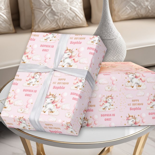 Pink Cute Unicorn Girl 1st Birthday Name Wrapping Paper (Pink Cute Unicorn Girl 1st Birthday Name Wrapping Paper)