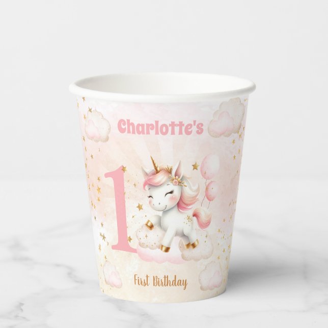Pink Cute Unicorn Girl 1st Birthday Paper Cups (Front)