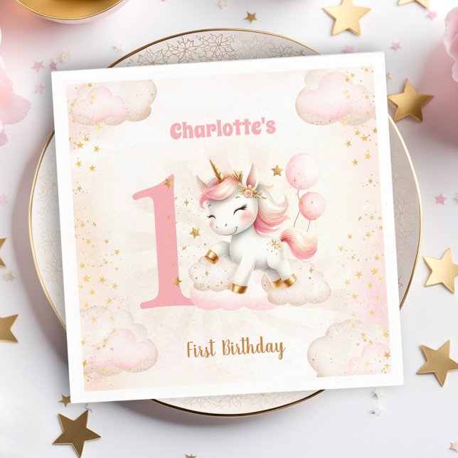 Pink Cute Unicorn Girl 1st Birthday Paper Napkins (Pink Cute Unicorn Girl 1st Birthday Paper Napkins)