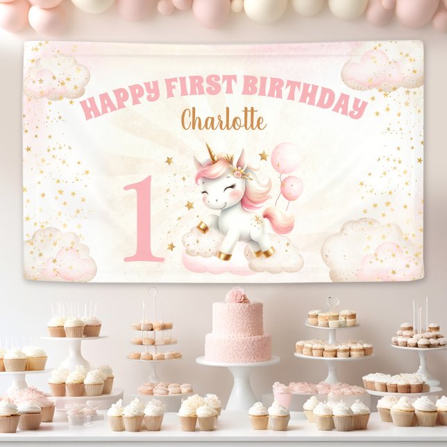 Pink Cute Unicorn Girl 1st Birthday Party Banner (Pink Cute Unicorn Girl 1st Birthday Party Banner)