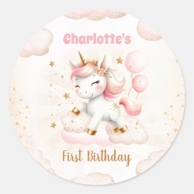 Pink Cute Unicorn Magical Girl Birthday Classic Round Sticker (Front)