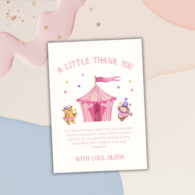 Pink Cute Unique Circus Bear Monkey Baby Shower Thank You Card (Pink Cute Unique Circus Bear Monkey Baby Shower Thank You Card)