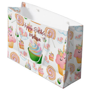 Pink Cute Watercolor Birthday Cupcake Unicorn Large Gift Bag