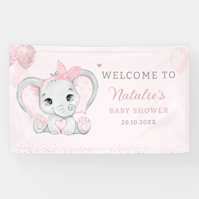 Pink Cute Watercolor Elephant Girl Baby Shower  Banner (Horizontal)