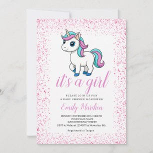 Pink cute watercolor unicorn baby shower invitation