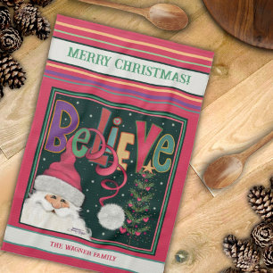 Pink Cute Whimsical Santa Personalised Christmas  Tea Towel