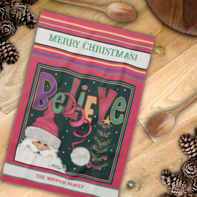 Pink Cute Whimsical Santa Personalised Christmas  Tea Towel (Creator Uploaded)