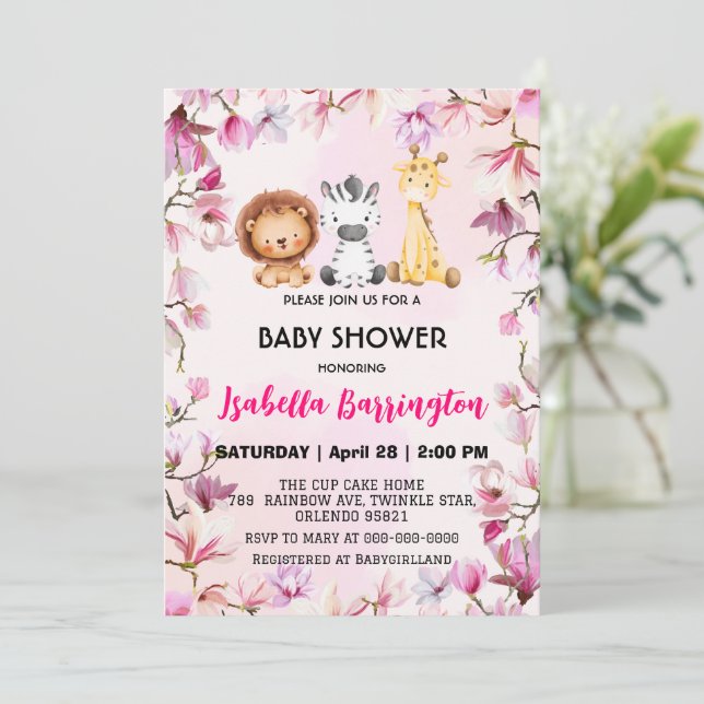 Pink Cute wild cub safari flowers baby shower kids Invitation (Standing Front)