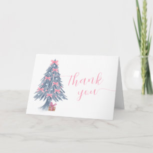 Pink Cute Winter Bow Christmas Tree Baby Shower  Thank You Card