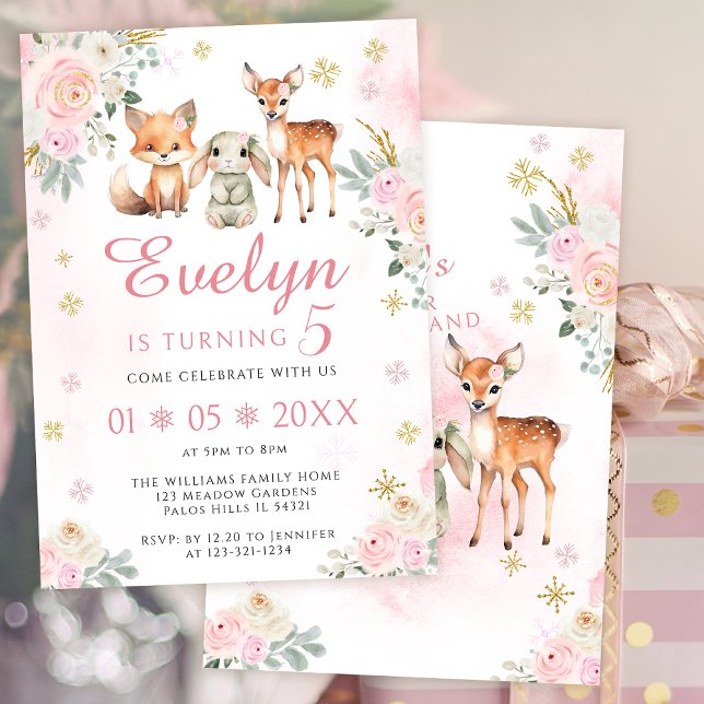 Pink cute winter woodland birthday girl invitation (Creator Uploaded)
