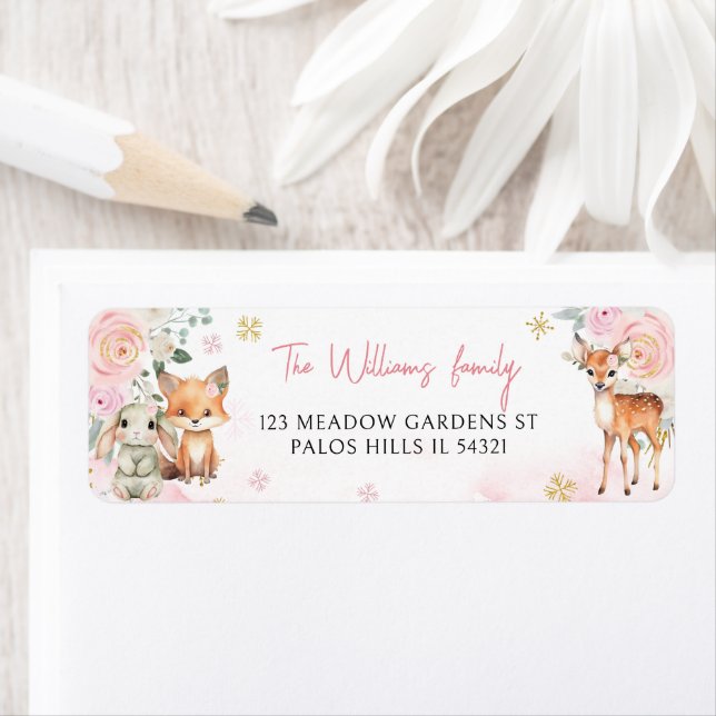 Pink cute winter woodland return address labels (Insitu)