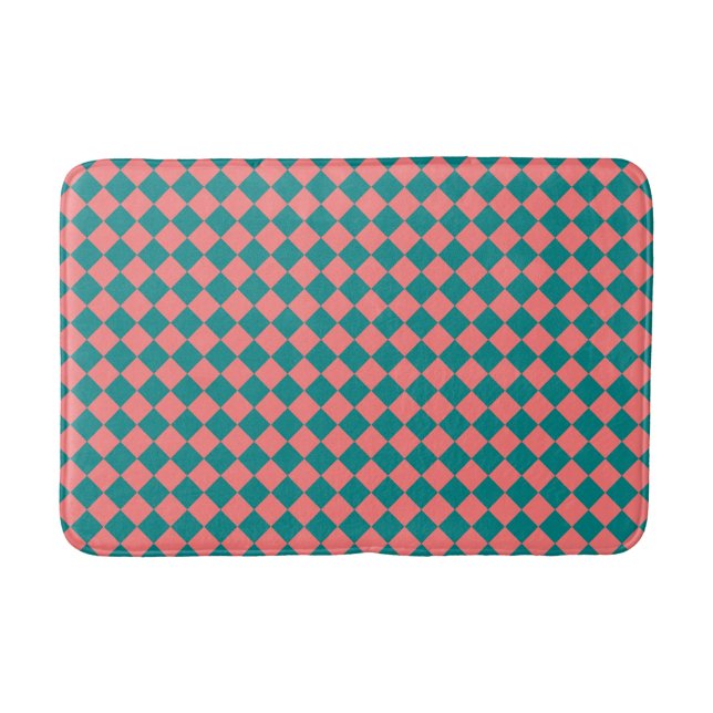 Pink Cyan Chequered Diamond Pattern Bath Mat (Front)