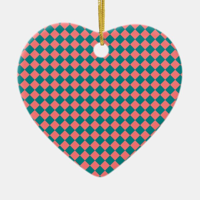 Pink Cyan Chequered Diamond Pattern Ceramic Tree Decoration (Front)