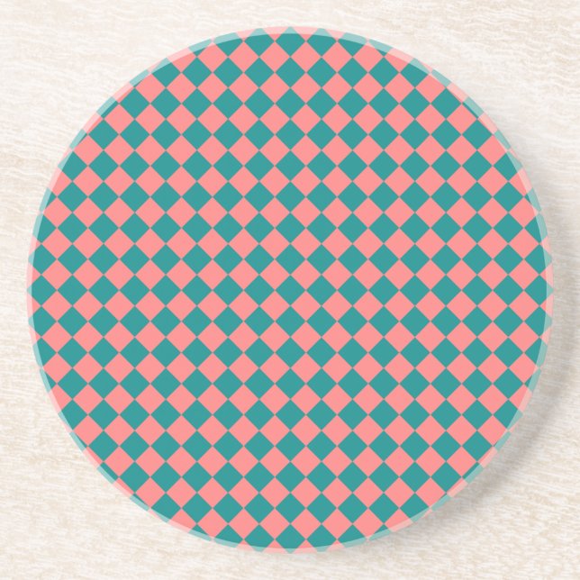 Pink Cyan Chequered Diamond Pattern Coaster (Front)