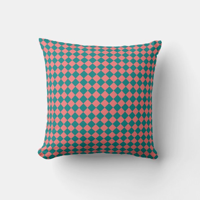 Pink Cyan Chequered Diamond Pattern Cushion (Front)