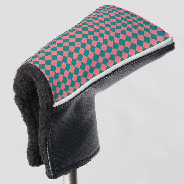 Pink Cyan Chequered Diamond Pattern Golf Head Cover (3/4 Front)
